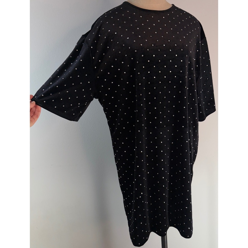 H&M Black Velvet Rhinestone Embellished Mini Dress Medium‎ Girly Grunge Glam